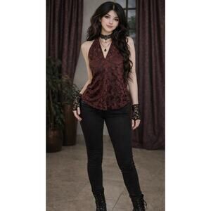 Witchy Whimsical Velvet Burnout Floral Halter Top Blouse S Goth Dark Academia